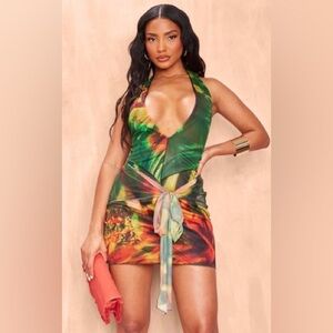 GREEN PRINTED LINED MESH EXTREME HALTERNECK WRAP MINI DRESS Size 10